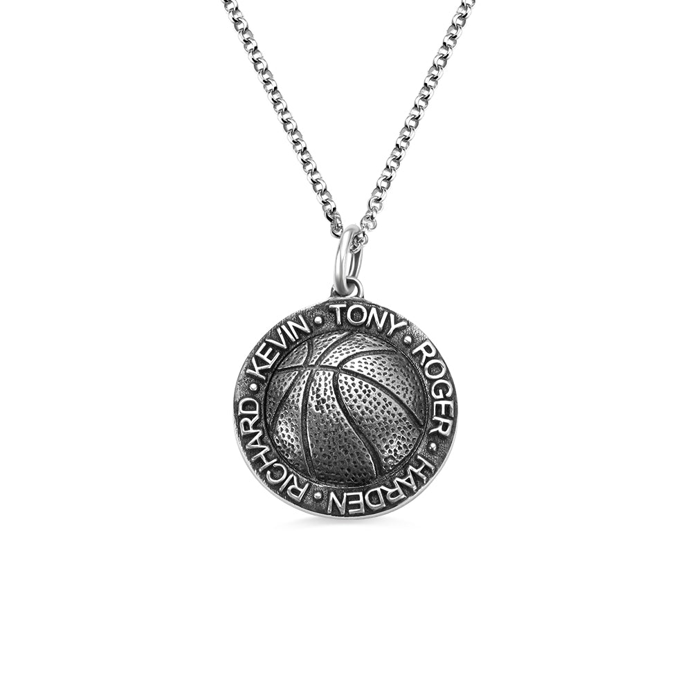 Basketball Necklace with Names in Circle in Sterling Sliver