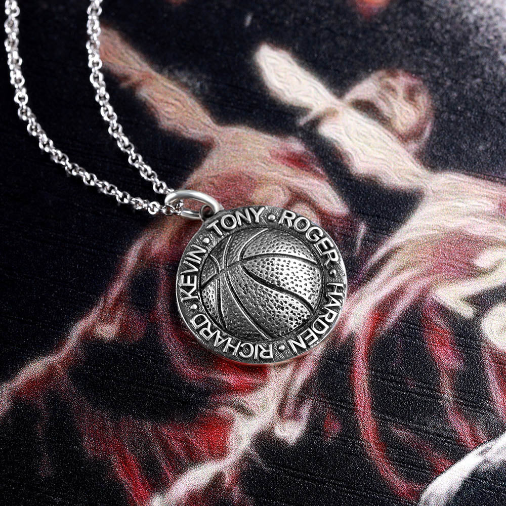 Basketball Necklace with Names in Circle in Sterling Sliver