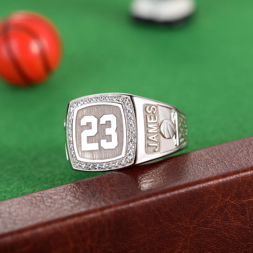 Engraved Basketball Signet Ring with Birthstone