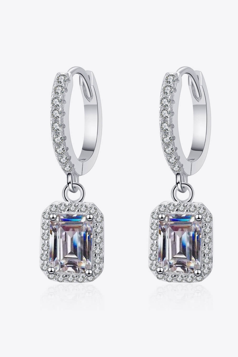 Emerald Cut Halo Moissanite Drop Earrings