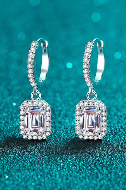 Emerald Cut Halo Moissanite Drop Earrings