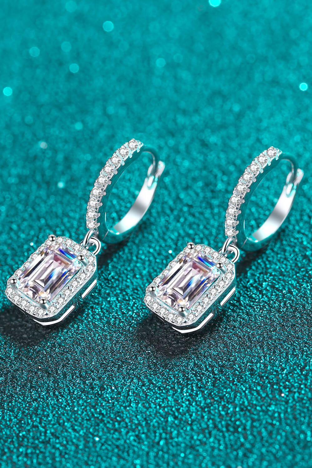 Emerald Cut Halo Moissanite Drop Earrings